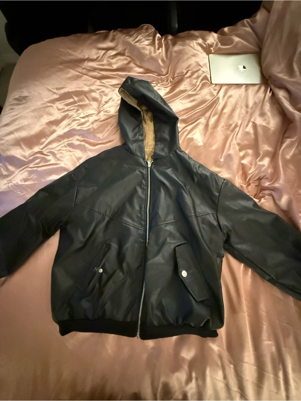 Womens Black Hooded Bomber Jacket with Sherpa Lining